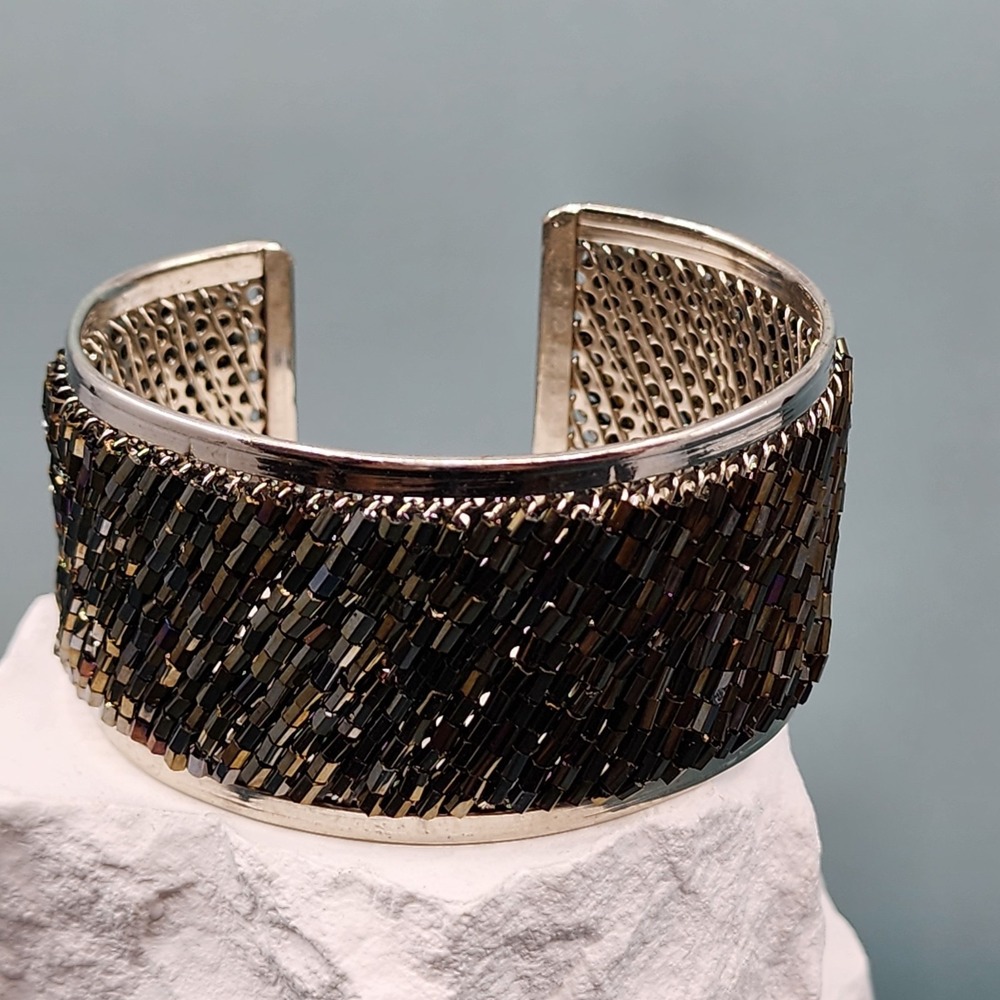 Silver Tone Metallic Bugle Bead Wide Cuff Bracelet Boho Statement Openwork Metal